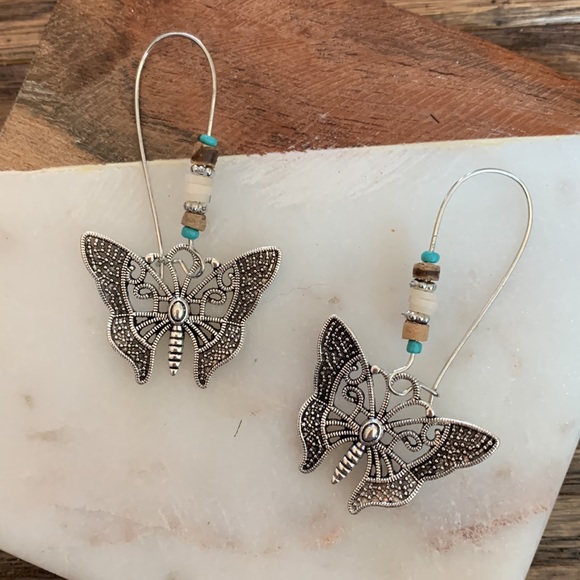 Silver Butterfly Drop Earrings - Picture 2 of 2